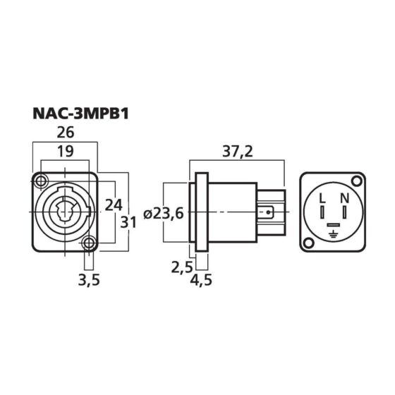 NAC-3MPB1 | NEUTRIK POWERCON panel jack, typ B-5363
